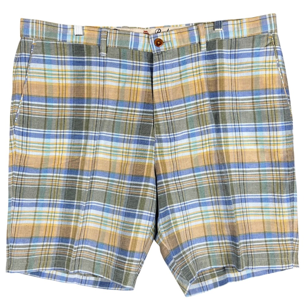 Tommy Bahama Plaid Shorts Men 40 Blue Green Yellow Linen Tencel Blend Flat Front